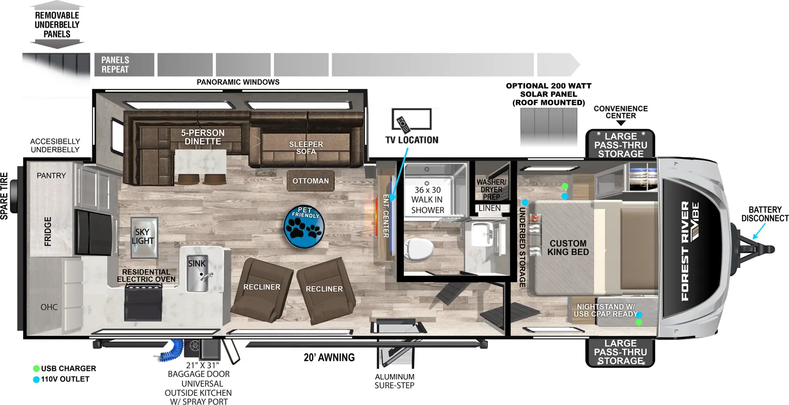 The Vibe 2600RK floorplan has one entry and one slide out. Exterior features include: fiberglass exterior, 20' awning and outside kitchen. Interiors features include: rear kitchen and front bedroom.